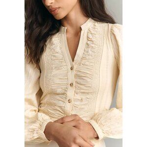Anthropologie Pilcro Reworked Button-Down Top Women Size M Ruched Buttercream